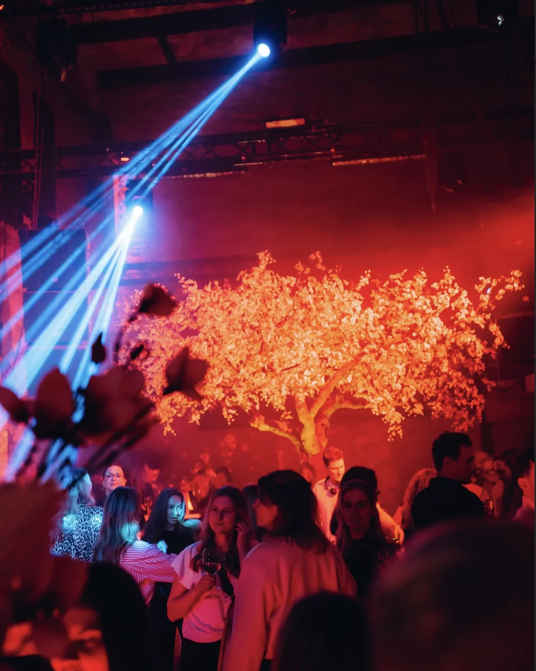 Gäste feiern im rot beleuchteten Saal beim Aperitivo Club im Alten Pumpenhaus Dresden